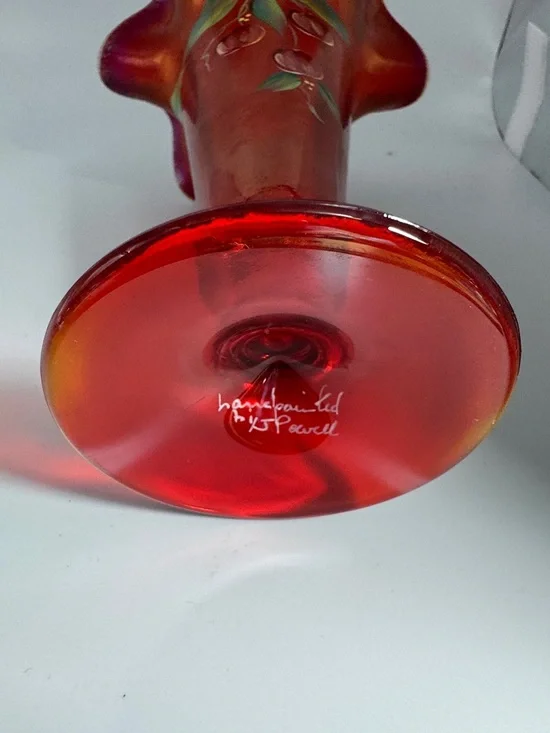 Fenton 109th Anniversary Iridescent Ruffled Hand-Painted Carnival Glass Vase - Picture 4 of 9